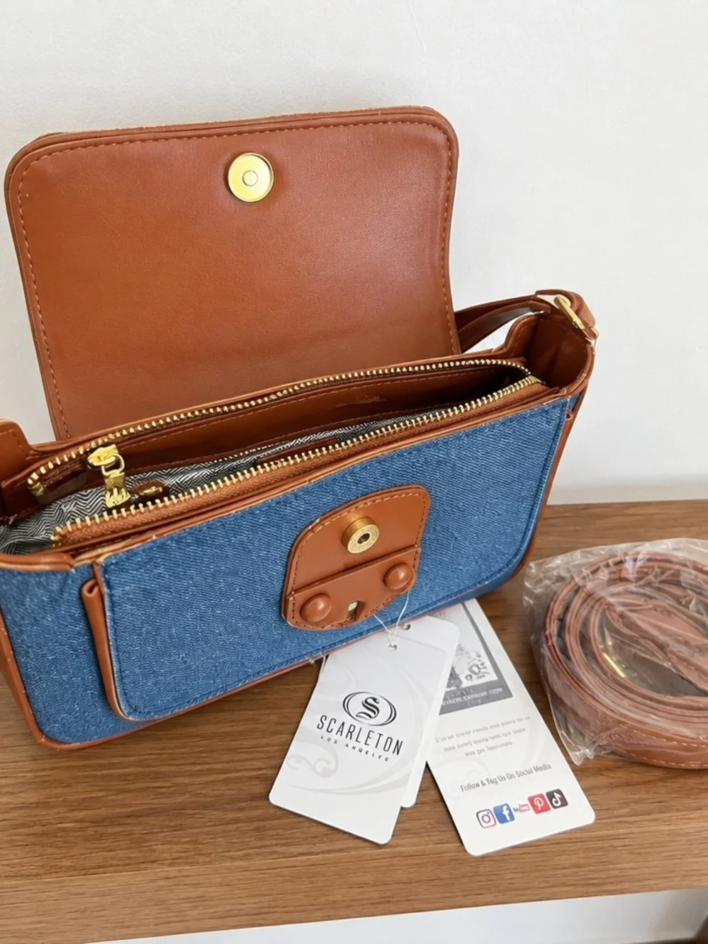 Blue Denim Shoulder Bag with Brown Trim With Detachable Crossbody Strap